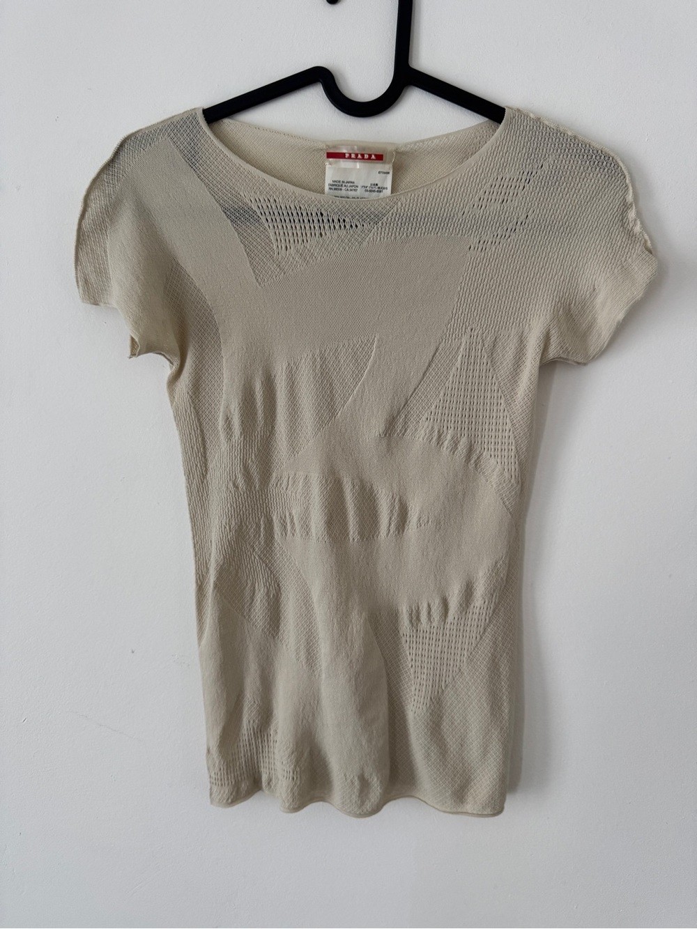 Prada Beige Nylon Mesh Short-Sleeve Top - Vintage Textured Mesh T-Shirt